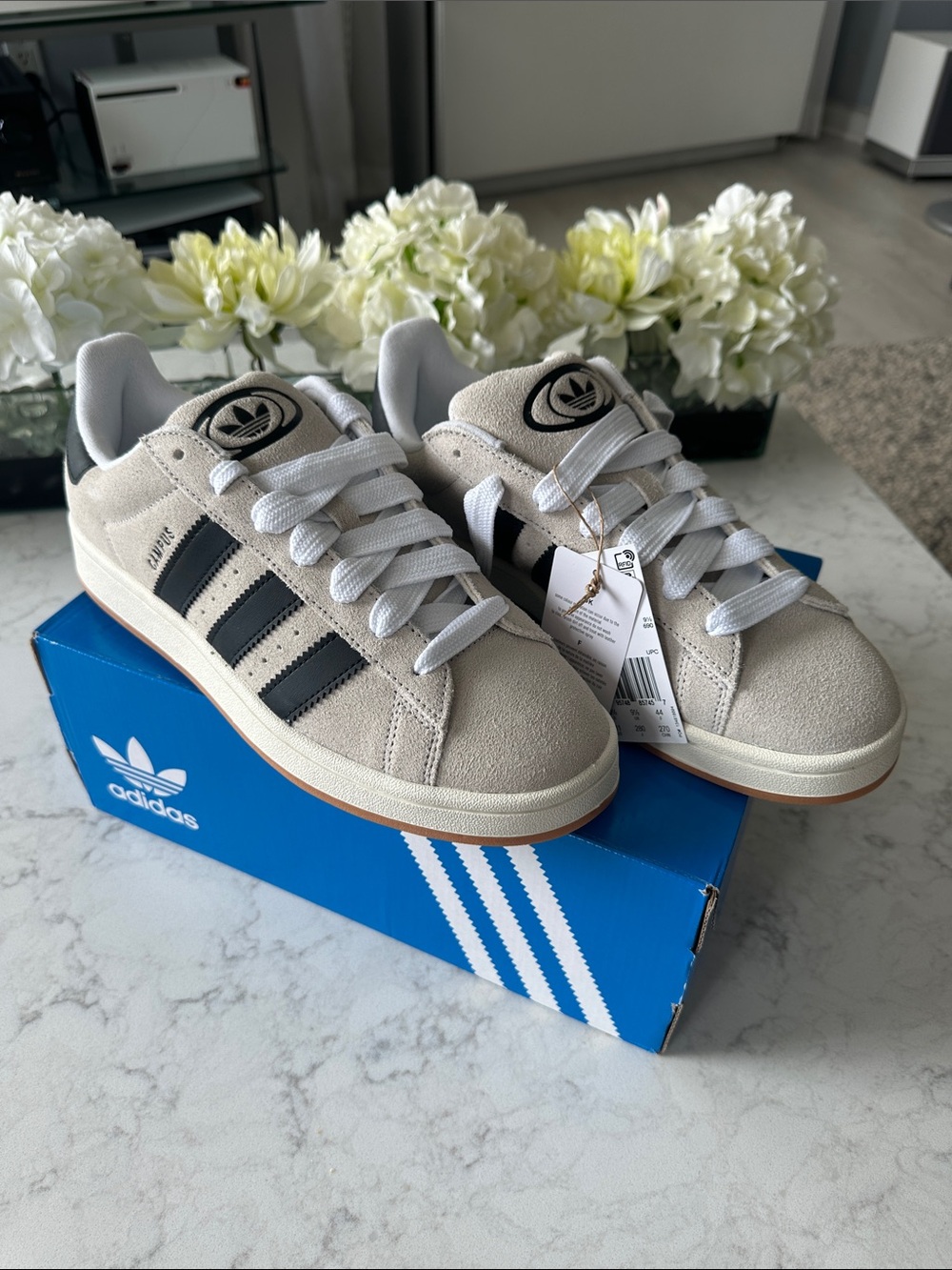 adidas Men’s Beige Suede Sneakers with Black Stripes